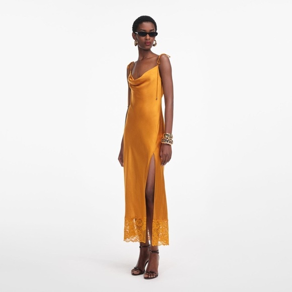 NEW Self-Portrait Burnt Orange Satin Midi Dress Lace | US 0 UK 4 - Picture 2 of 12